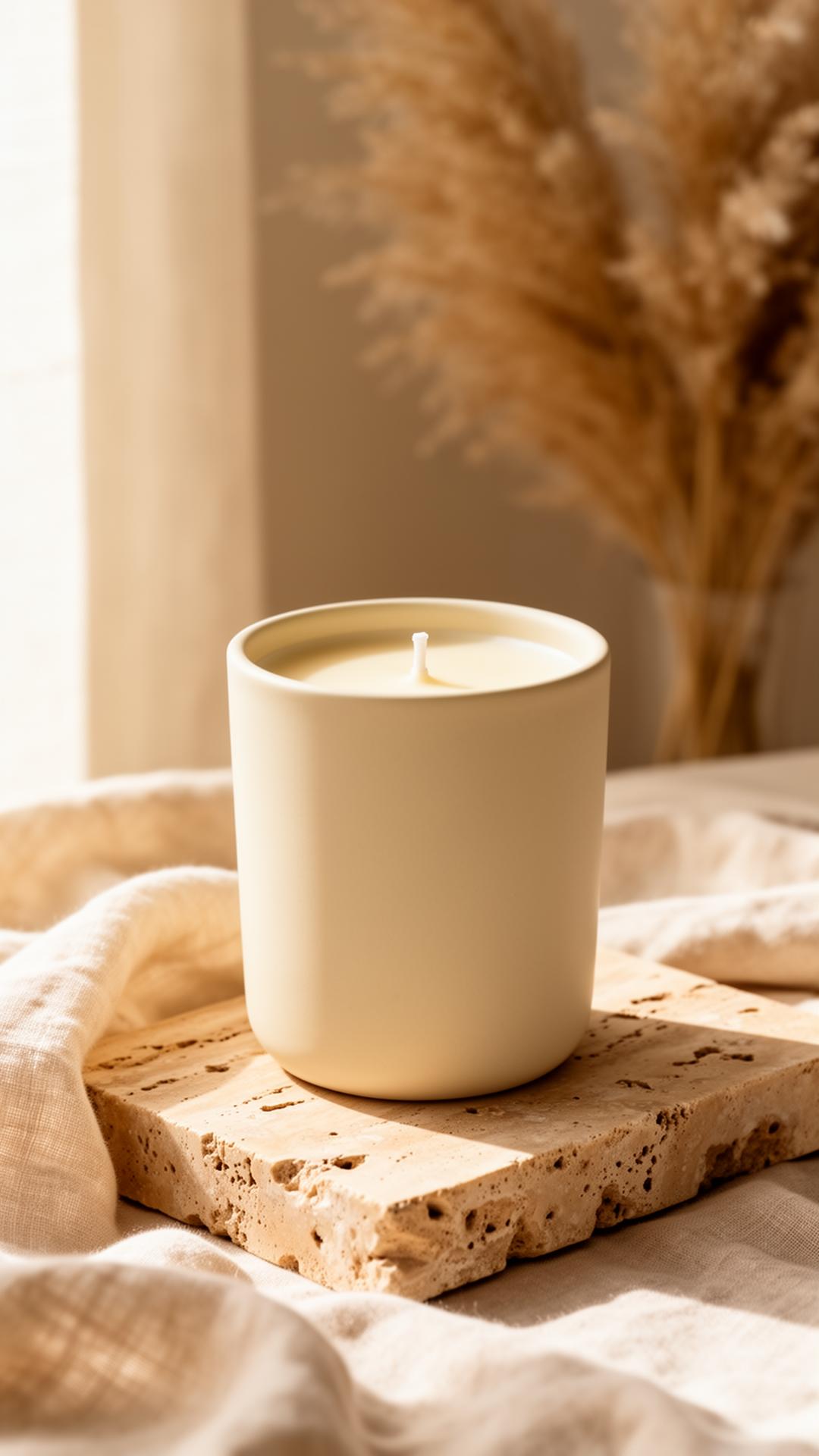 Luxury candle in cream ceramic vessel on travertine stone